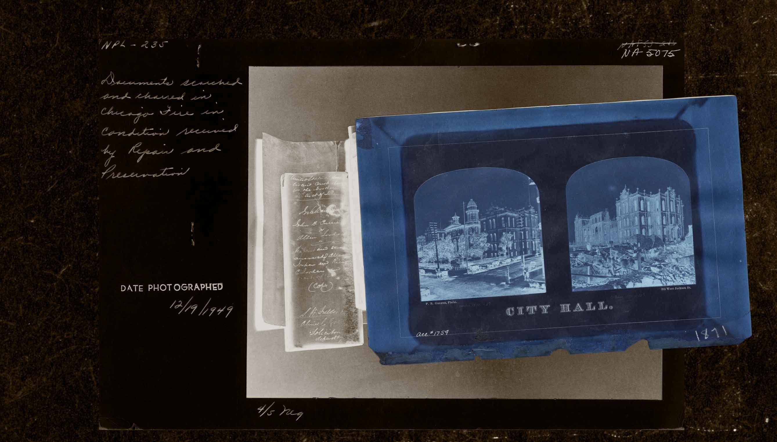 A photograph and postcard, charred in the Chicago fire. Dated 12/19/1949.